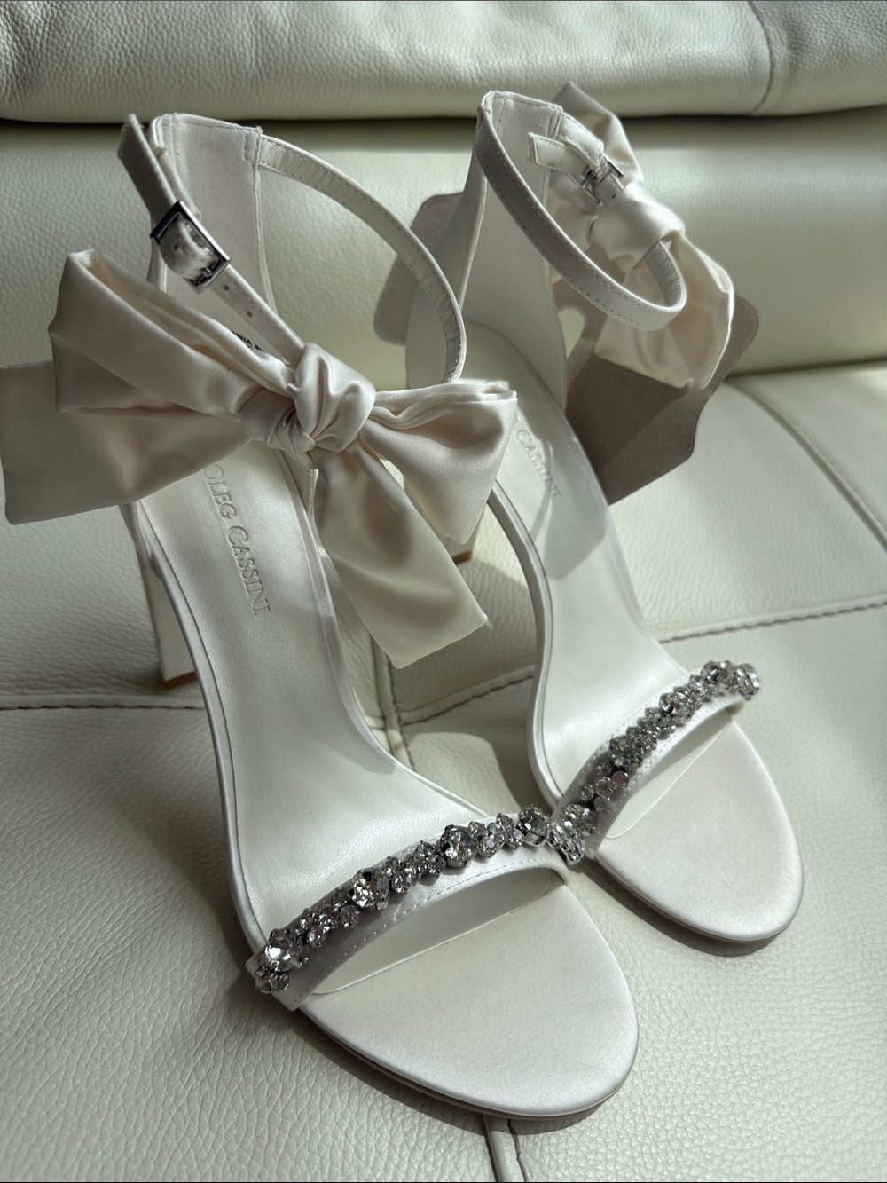 OLEG CASSINI MELANIA Removable Ankle Bow Crystal Strap Heeled Sandals